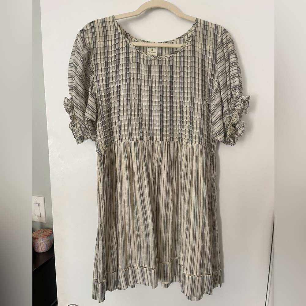 By Together Linen Blend Striped Mini Dress with Puff Sleeve
